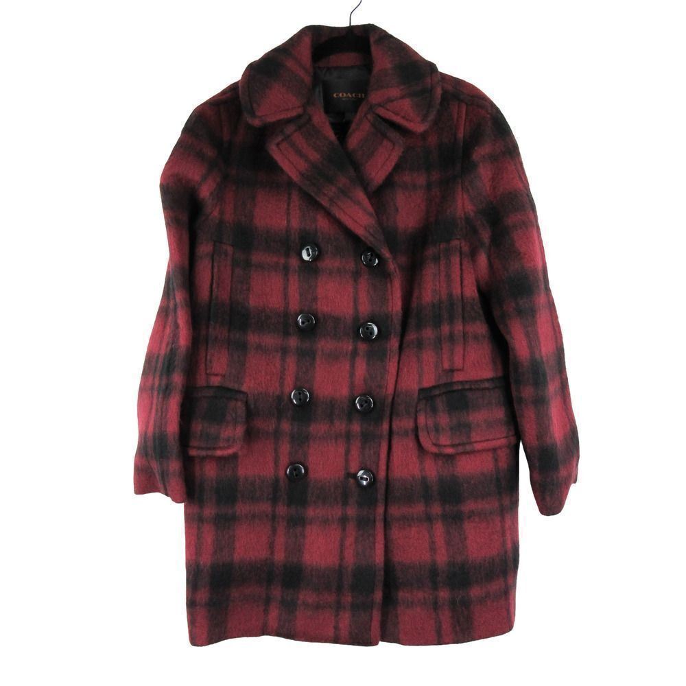 COACH DOUBLE BREASTED LONG WOOL BLEND PLAID PEACOAT IN DARK CRANBERRY SZ S